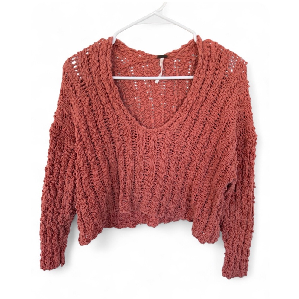 Free People Coral Orange Crochet Style Vneck Crop Sweater Cotton Knit Top S